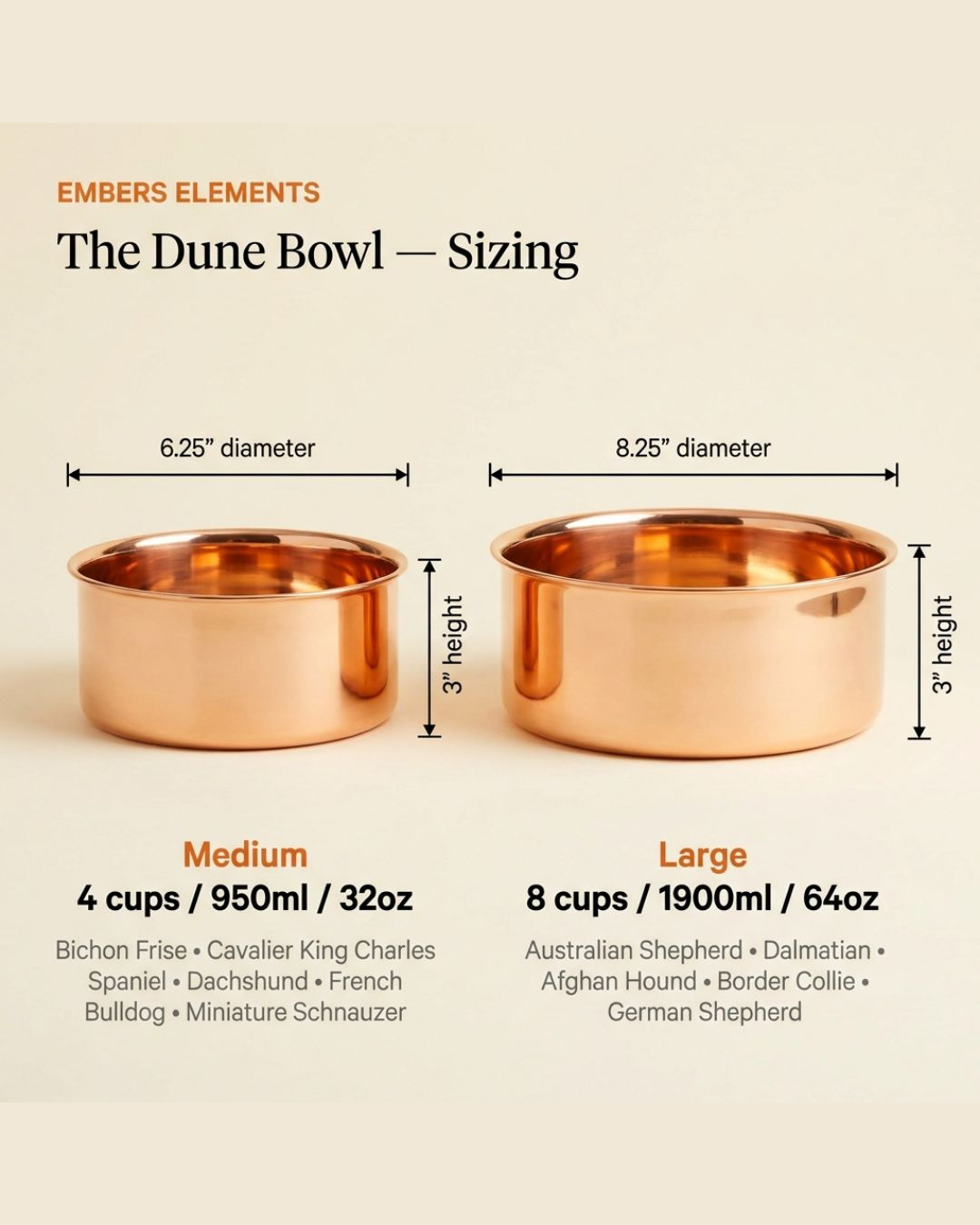 DUNE copper pet bowl sizing chart, Medium and Large dimensions