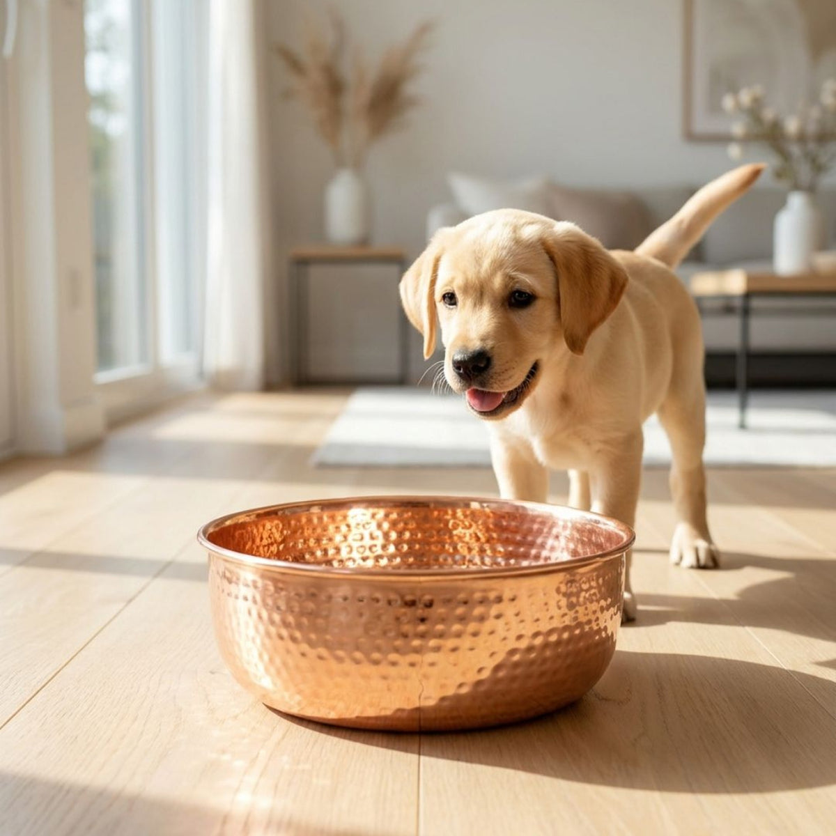 Labrador puppy next to AURORA hand-hammered copper water bowl