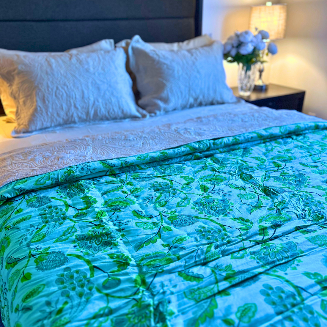 Jaipuri block print reversible cotton quilt in parrot green.