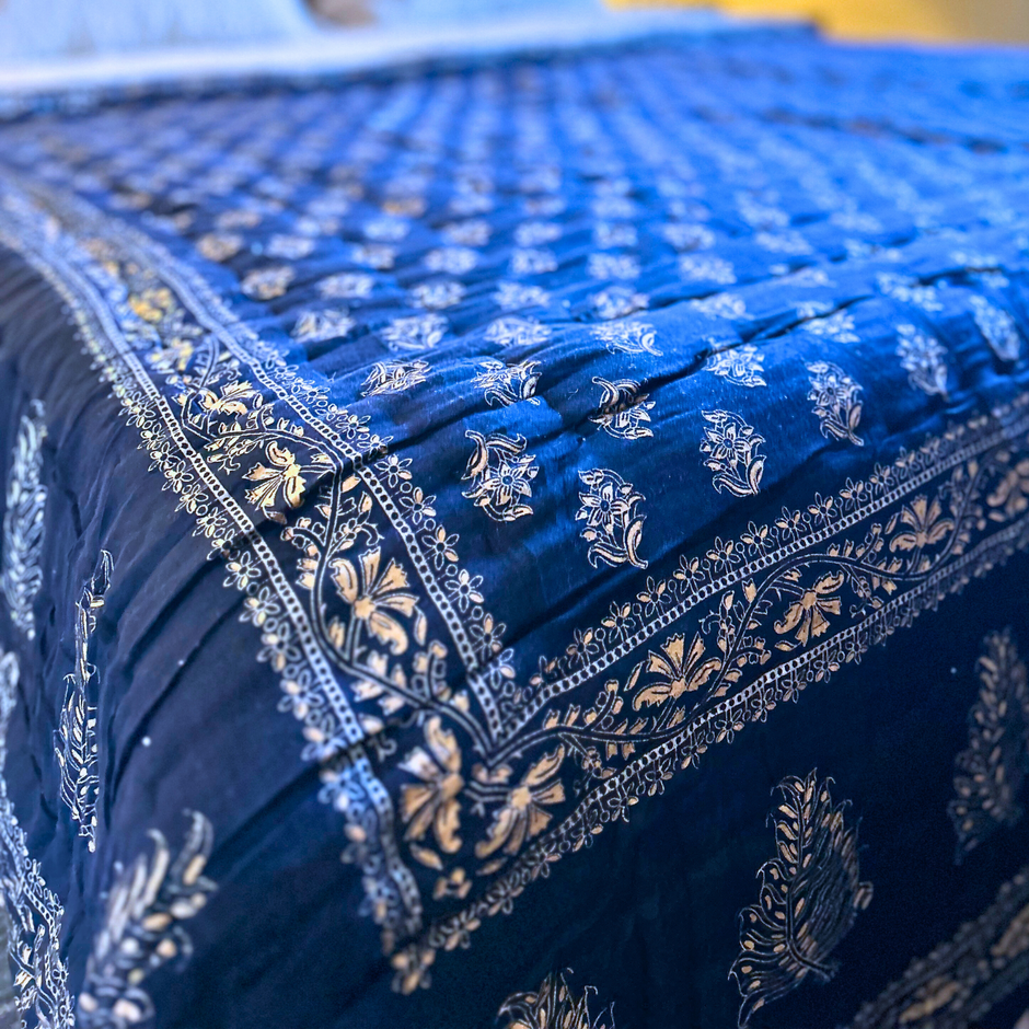 handcrafted reversible mashroo double quilt with filler - Celestial Blue & Gold Dust main image 1