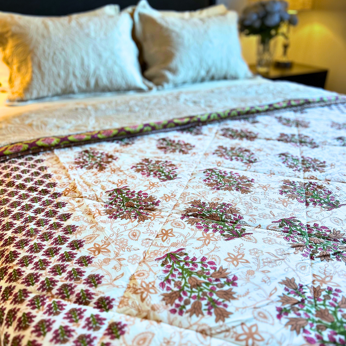 Floral design Jaipuri reversible cotton quilt.