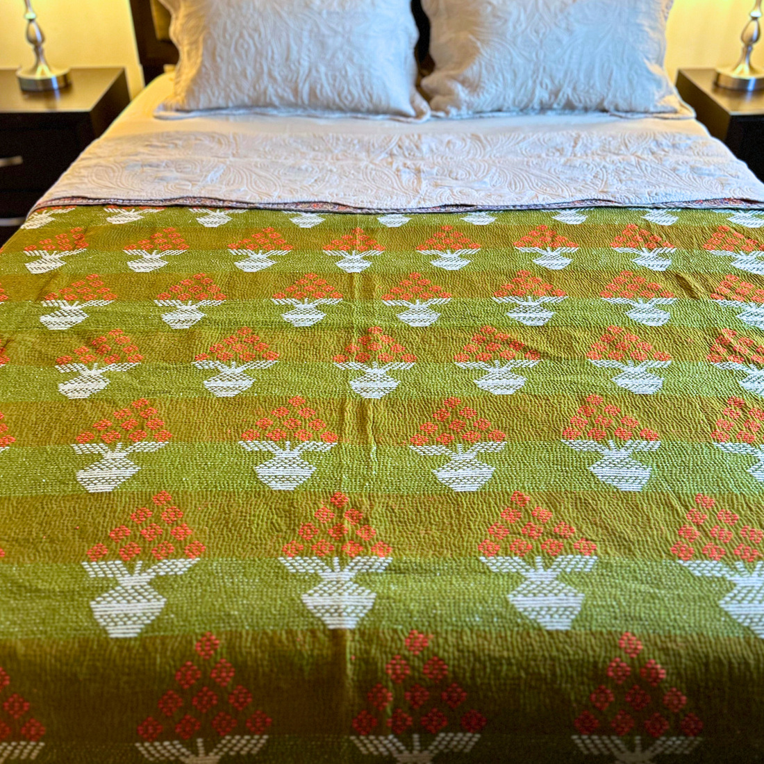 Handmade cotton Kantha throw blanket quilt with unique design.