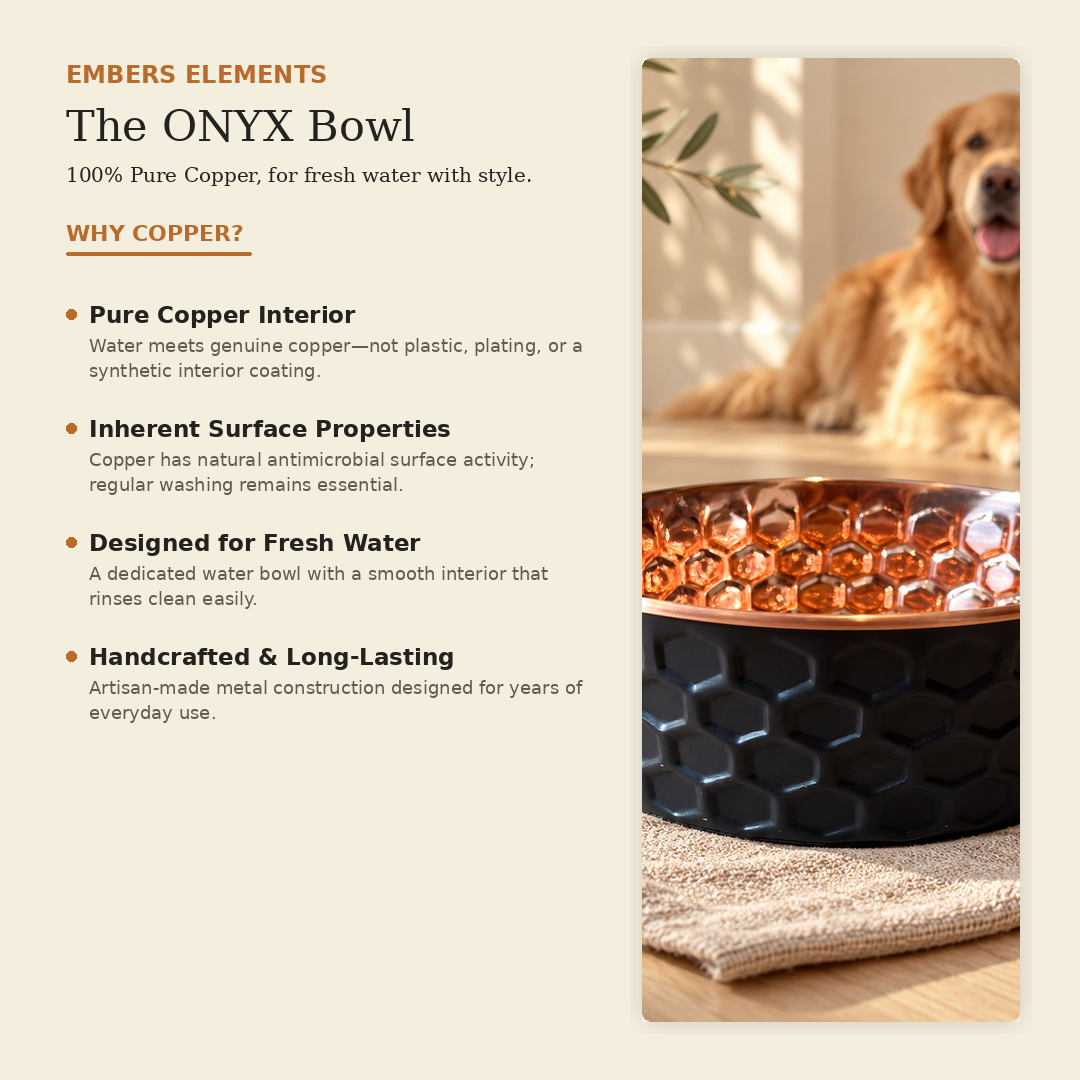 ONYX black honeycomb-hammered pure copper pet water bowl benefits: naturally antibacterial, BPA-free, supports immune, joint, coat and digestive health