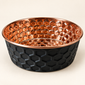 ONYX black diamond-hammered copper pet bowl with polished copper interior, studio shot on a cream background