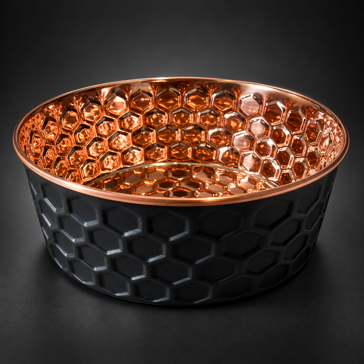 ONYX black diamond-hammered copper pet bowl with polished copper interior, studio shot on a dark background
