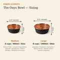 ONYX black honeycomb-hammered pure copper pet water bowl size guide showing Medium 32 oz and Large 64 oz dimensions