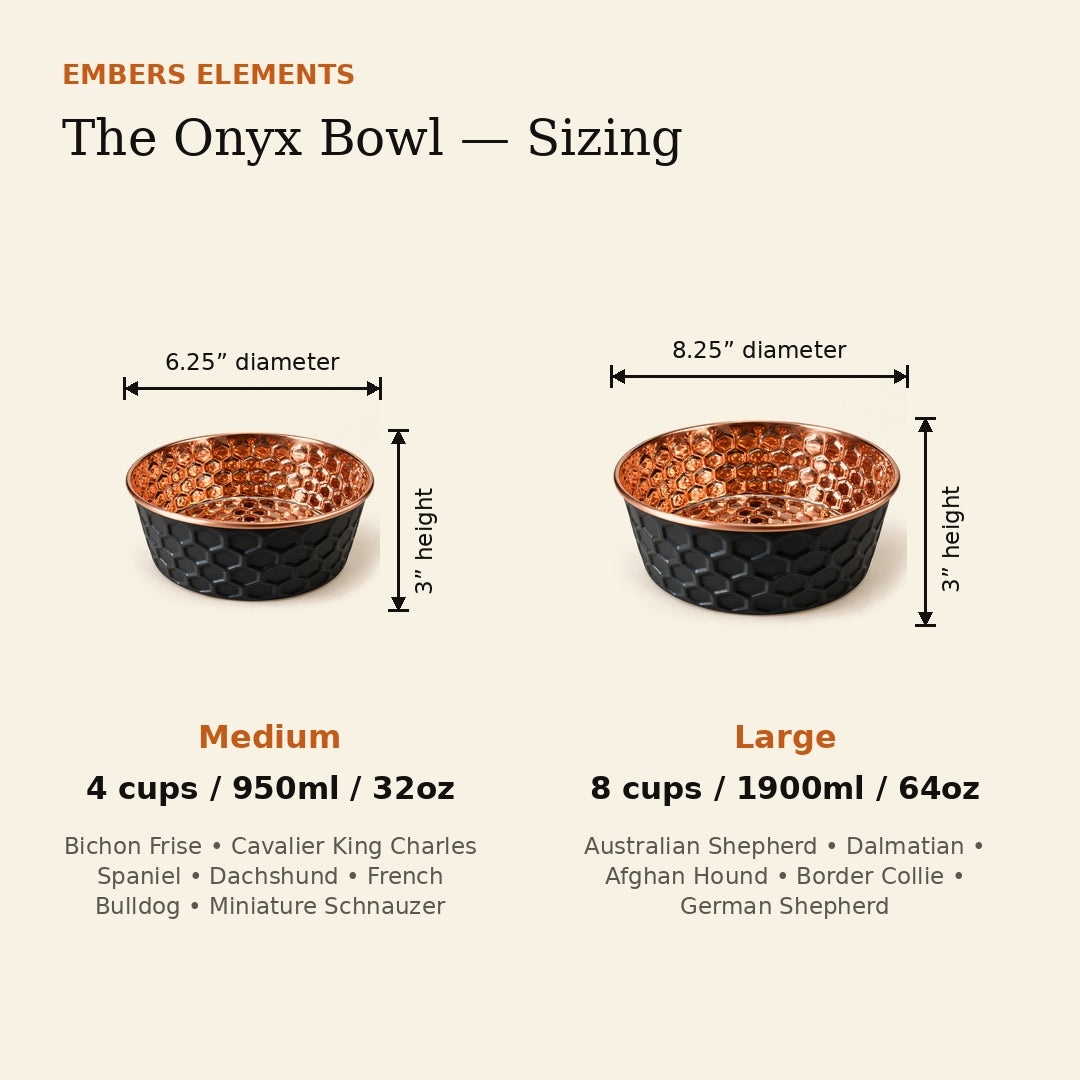 ONYX black honeycomb-hammered pure copper pet water bowl size guide showing Medium 32 oz and Large 64 oz dimensions