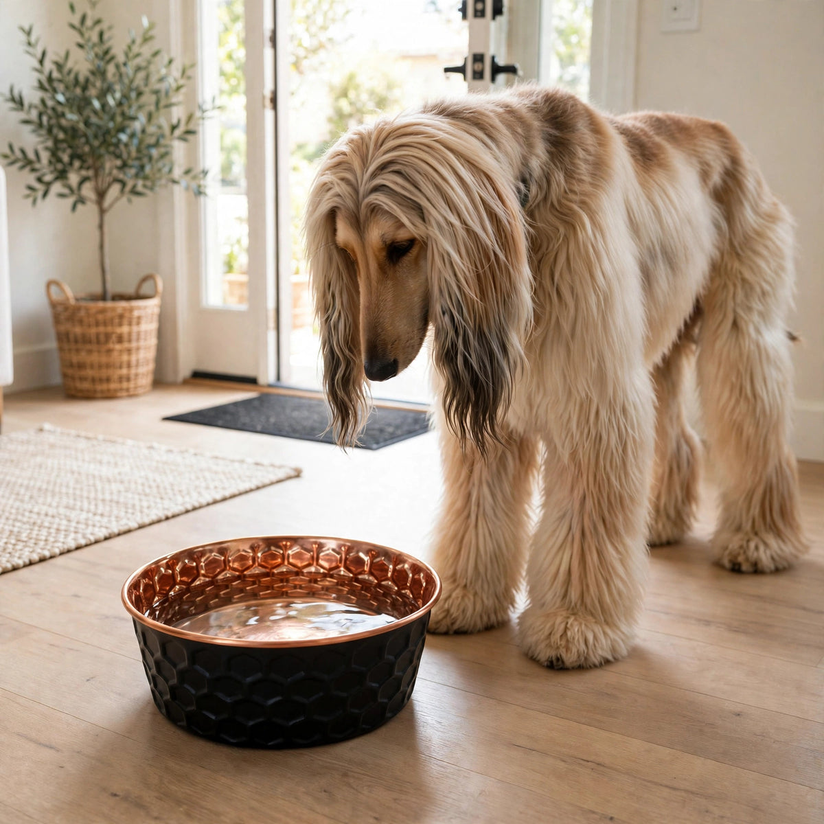 Afghan Hound standing beside an ONYX black honeycomb-hammered 99.9% pure copper dog water bowl in a sunlit entryway, by Embers Elements
