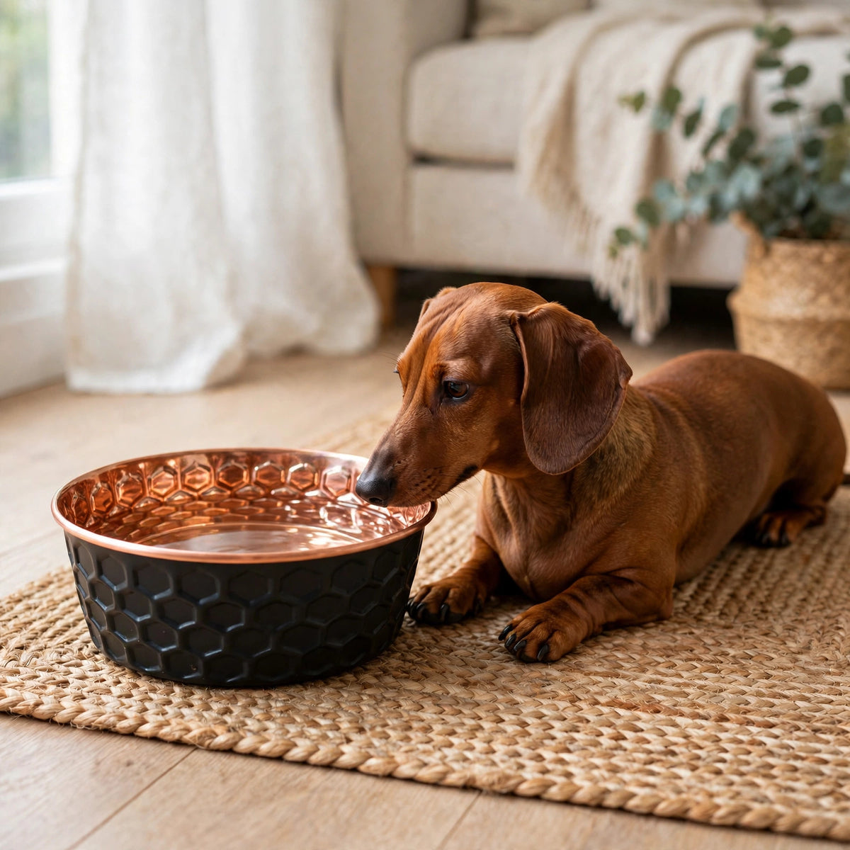 Dachshund lying beside an ONYX black honeycomb-hammered 99.9% pure copper dog water bowl on a woven mat, by Embers Elements