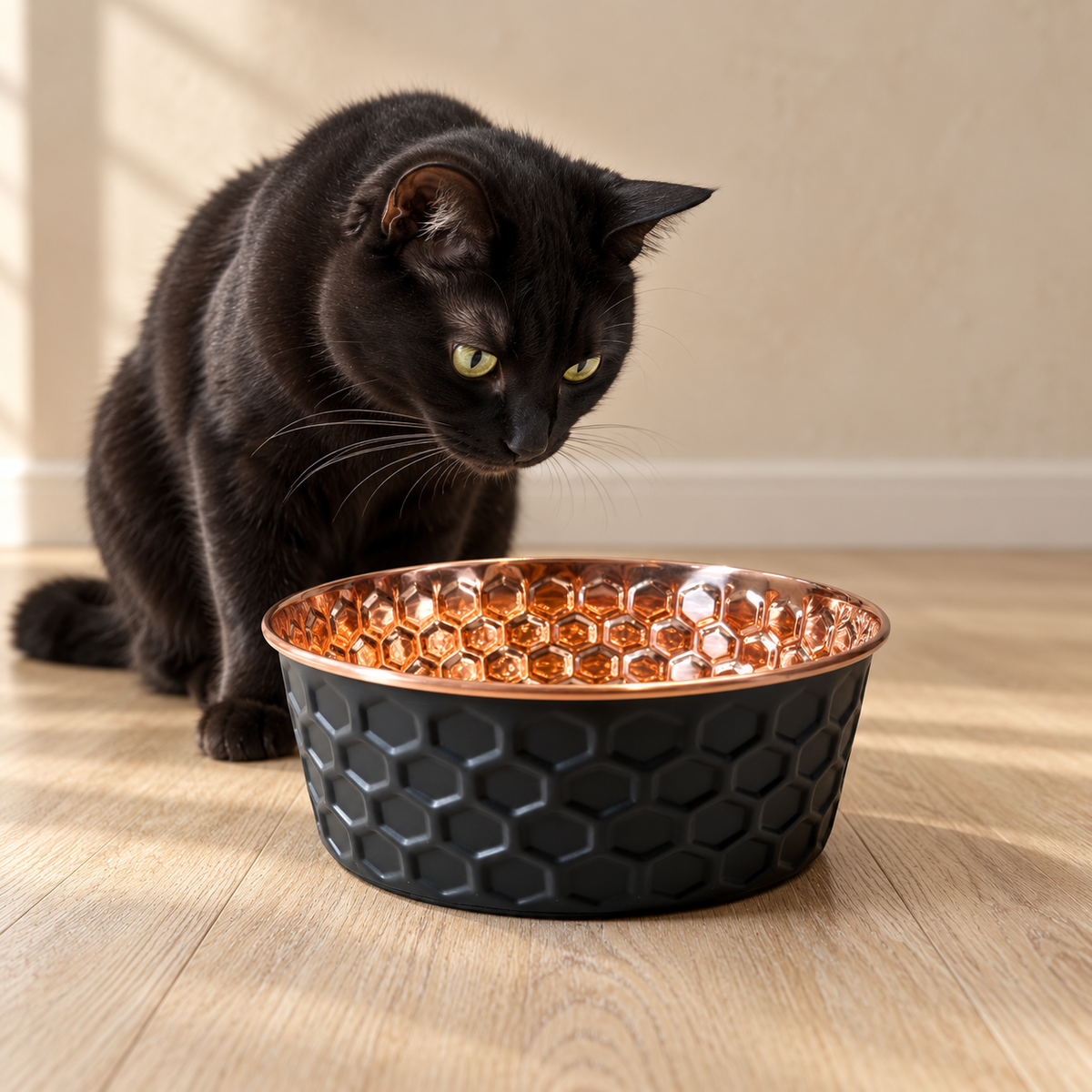 Black cat sitting beside the ONYX black diamond-hammered copper pet bowl on a wood floor