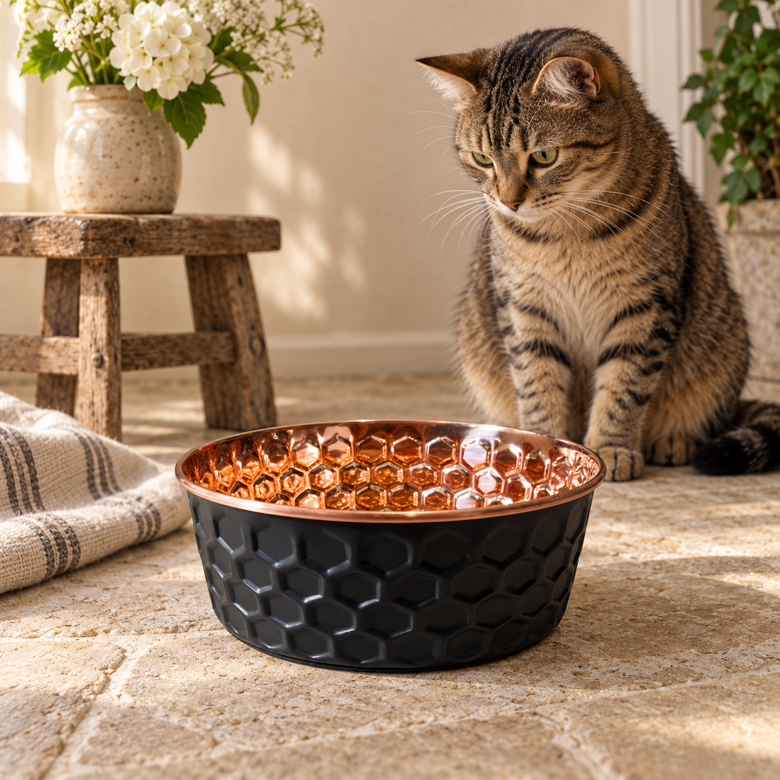 ONYX black diamond-hammered copper pet bowl on a dark marble stand with a brass vase, moody studio setting