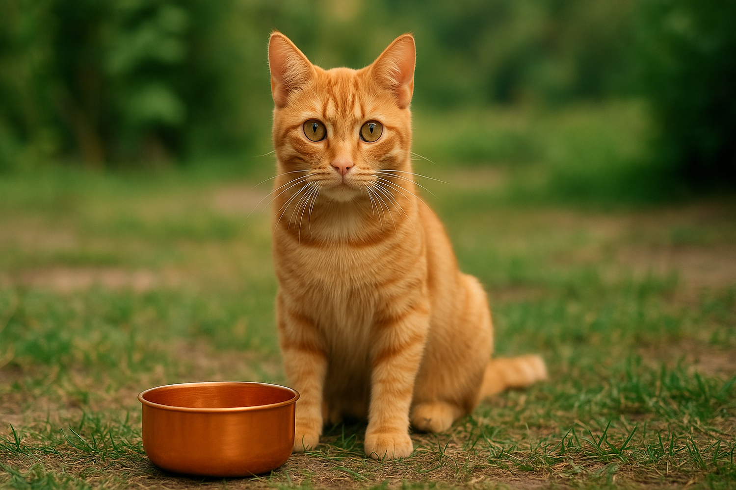 Orange cat sitting next to embers elements copper bowl on grass