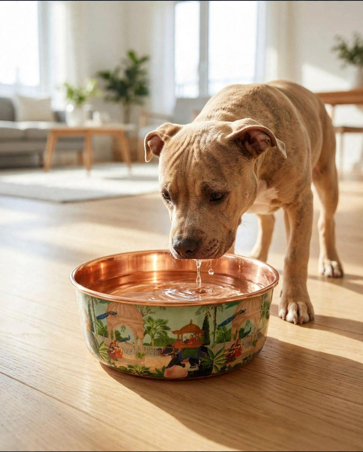 Pit Bull drinking water from a PALACE hand-painted peacock and elephant 99.9% pure copper dog water bowl on a kitchen counter, part of the Embers Elements copper bowl and Perfect Polish combo