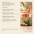 PALACE hand-hammered copper pet water bowl health benefits card: naturally antimicrobial, supports digestion, naturally cooling