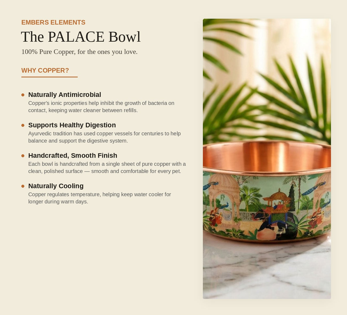 PALACE copper pet water bowl health benefits card: naturally antimicrobial, supports digestion, naturally cooling