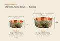 Embers Elements Palace copper pet water bowl sizing chart showing 6.25 inch Medium and 8.25 inch Large diameters, 3 inch height, capacity and recommended dog breeds