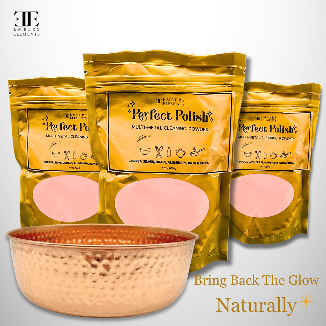 Gold packaging of Perfect Polish 3-pack bundle with a copper pet bowl on a light gray background