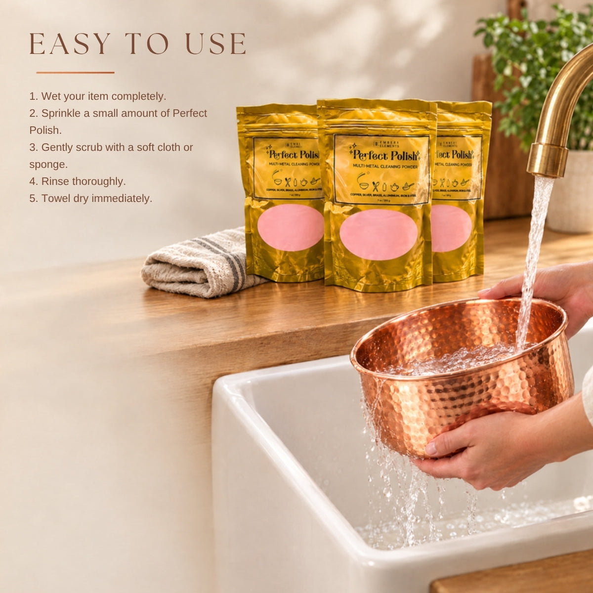 How to use Perfect Polish copper cleaner 3-pack: wet, sprinkle, scrub, rinse and dry a copper pet bowl