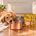 Perfect Polish 3-pack pet-safe copper cleaner with a dog and cat beside a polished copper water bowl