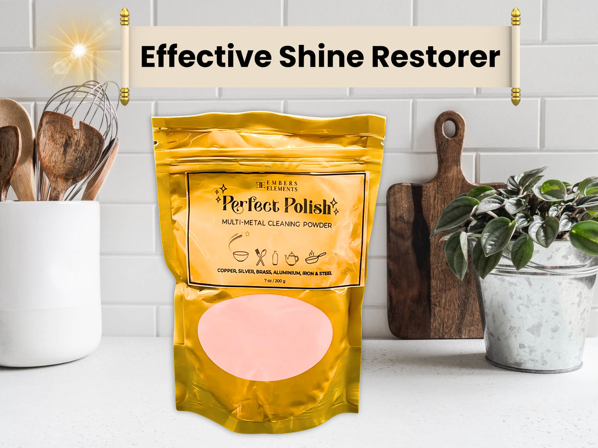 Gold packaging of Perfect Polish multi-metal cleaning powder in a kitchen setting
