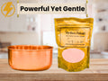 Copper pet bowl and Perfect Polish cleaner packaging on a wooden surface