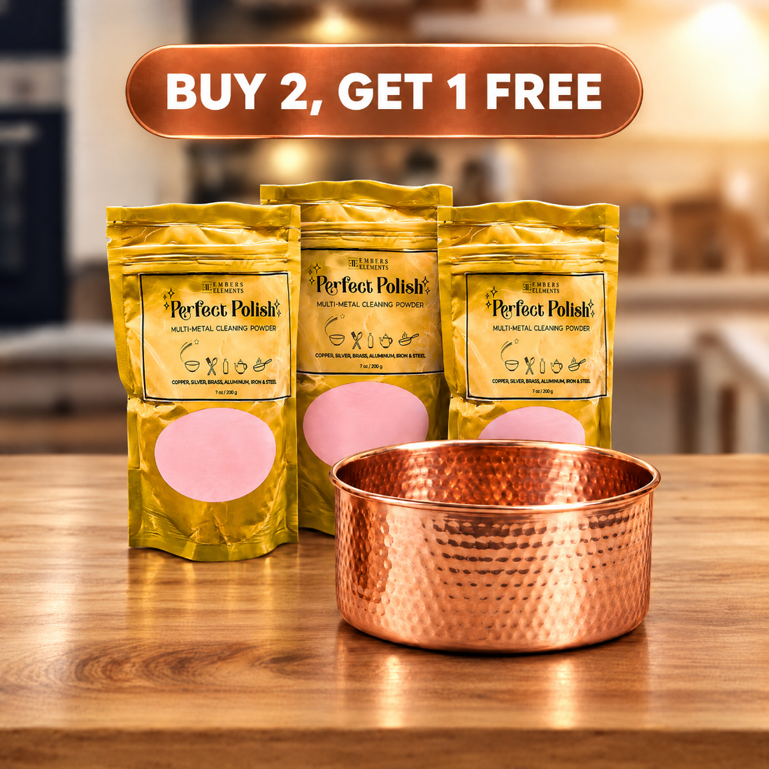 Perfect Polish copper and brass cleaner 3-pack bundle with a polished hand-hammered copper dog bowl, buy 2 get 1 free