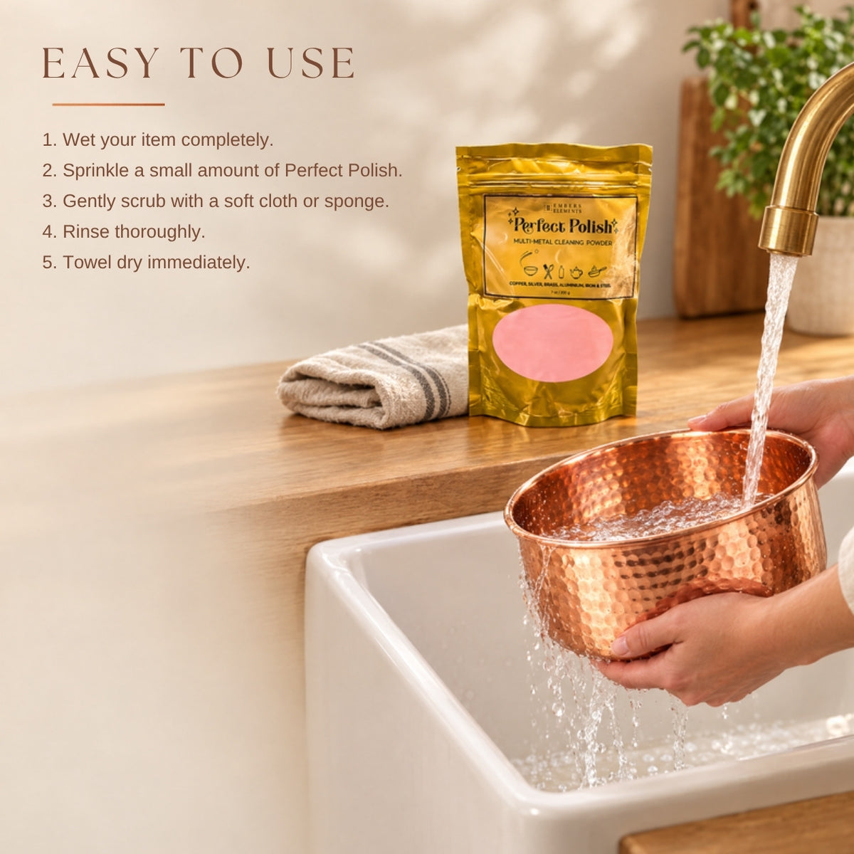 How to use Perfect Polish copper cleaner: wet, sprinkle, scrub, rinse and dry a copper pet bowl