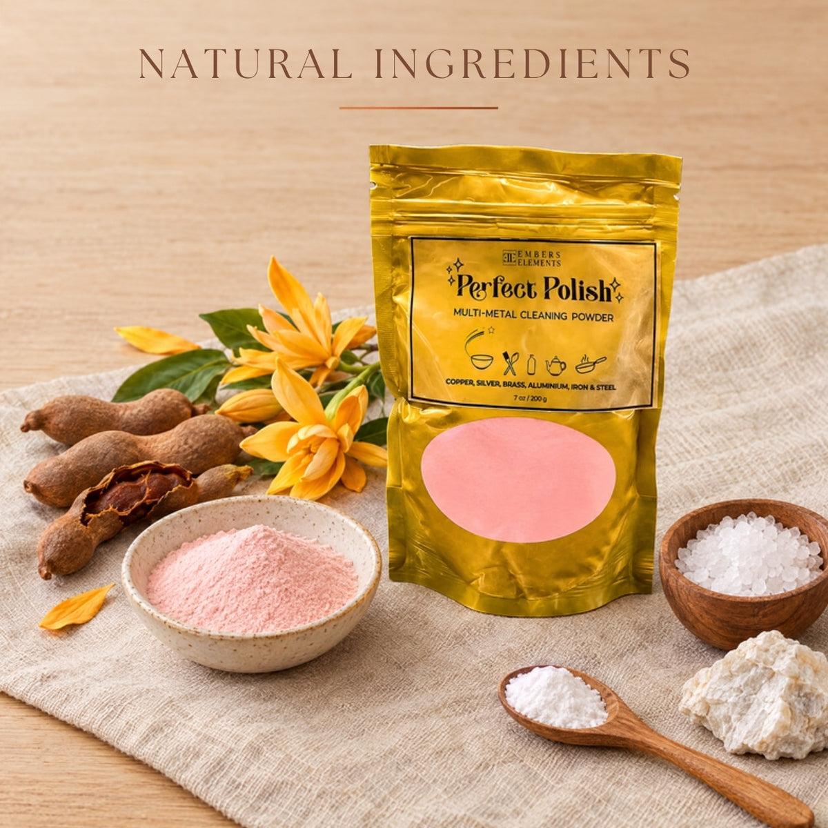 Perfect Polish natural ingredients: tamarind, champaca flower, salt and dolomite copper cleaner powder
