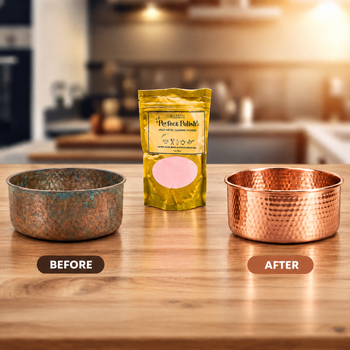 Perfect Polish pet-safe copper bowl cleaner removes tarnish: before and after on a hand-hammered copper dog bowl