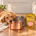 Perfect Polish pet-safe copper cleaner formula with a dog and cat beside a polished copper water bowl