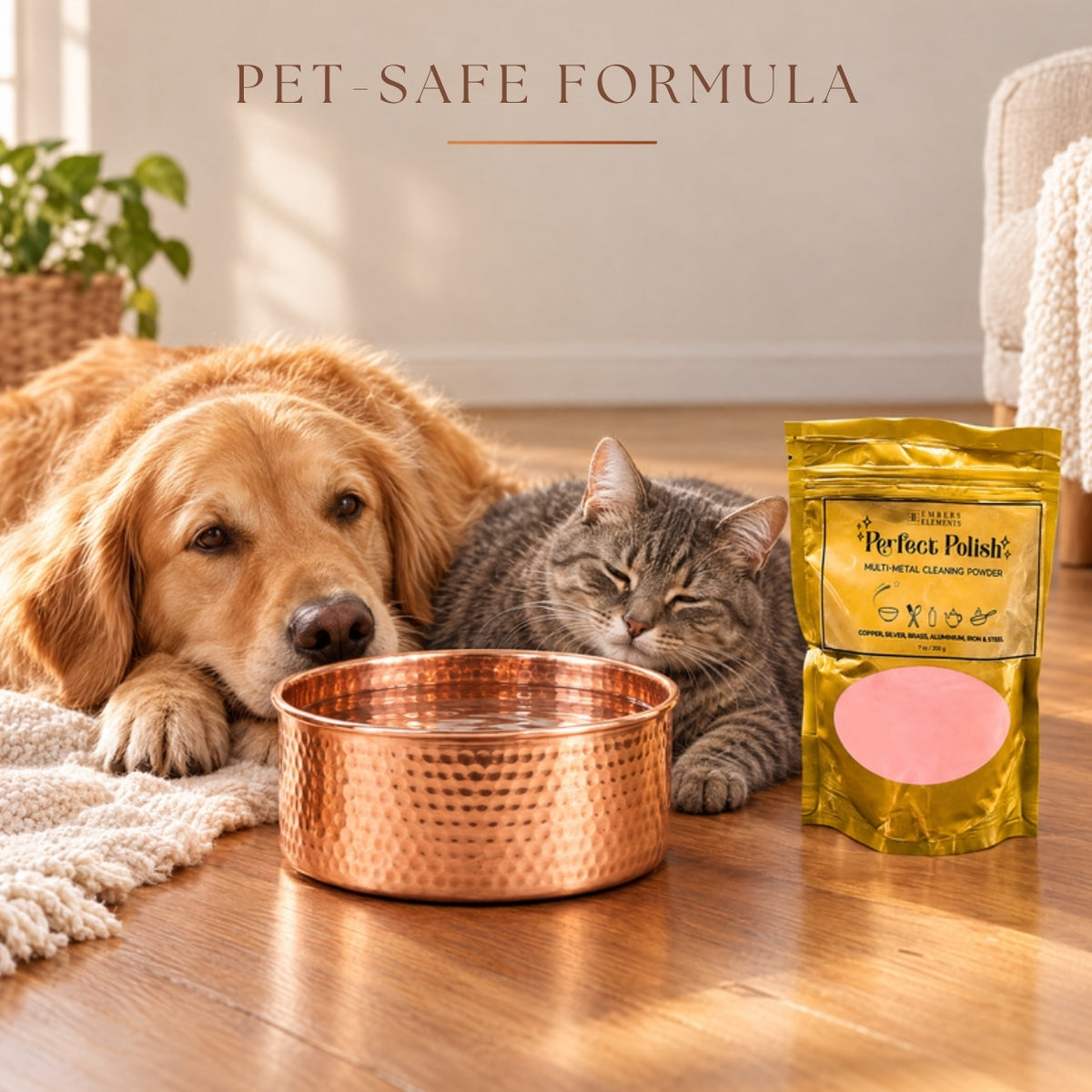 Perfect Polish pet-safe copper cleaner formula with a dog and cat beside a polished copper water bowl