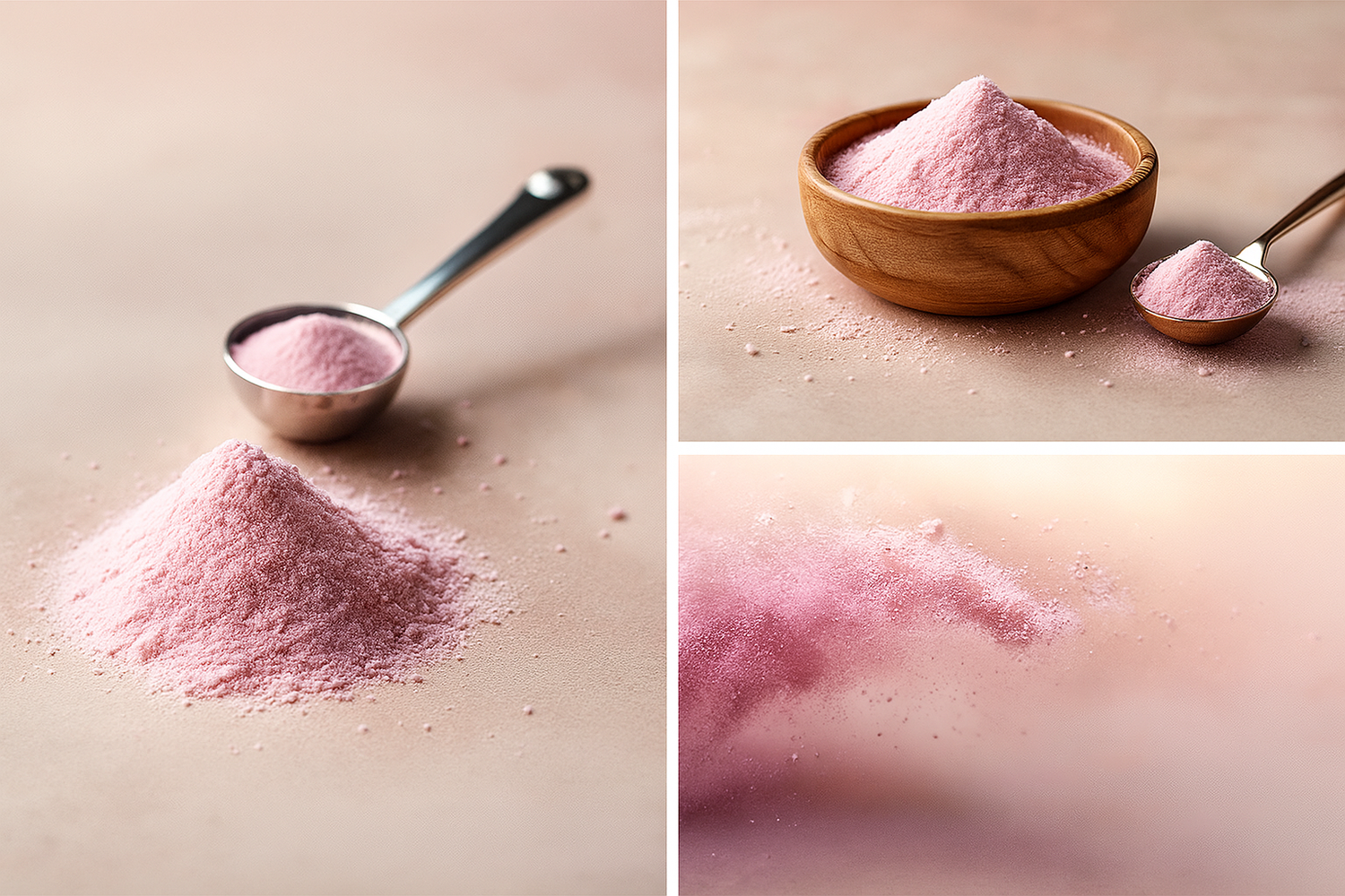 Collage of perfect polish powder in a spoon, bowl.