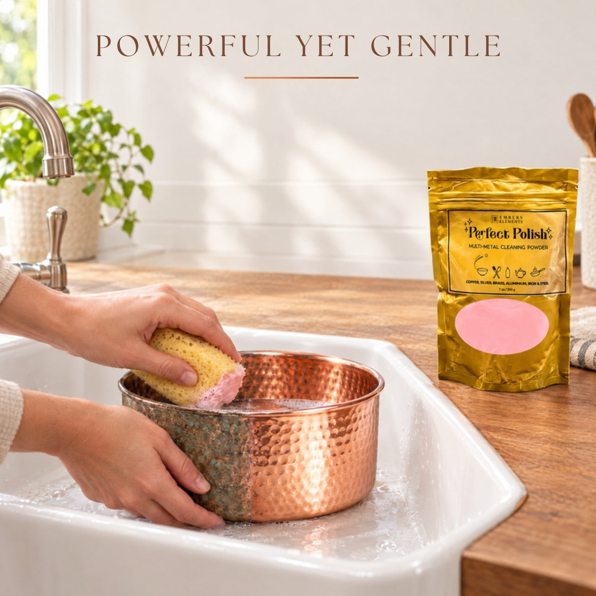 Perfect Polish powerful yet gentle copper cleaner removing tarnish from a hammered copper pet bowl
