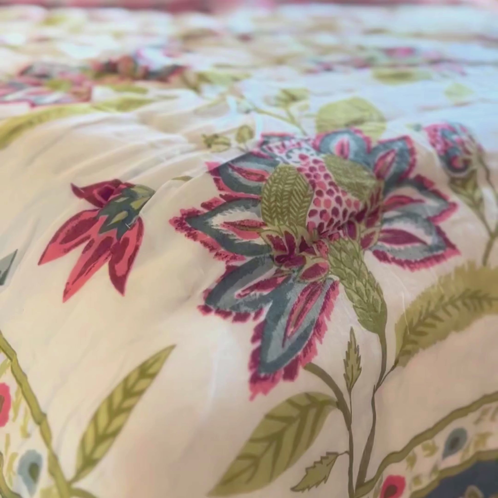 Colorful Jaipuri floral cotton quilt green-red.