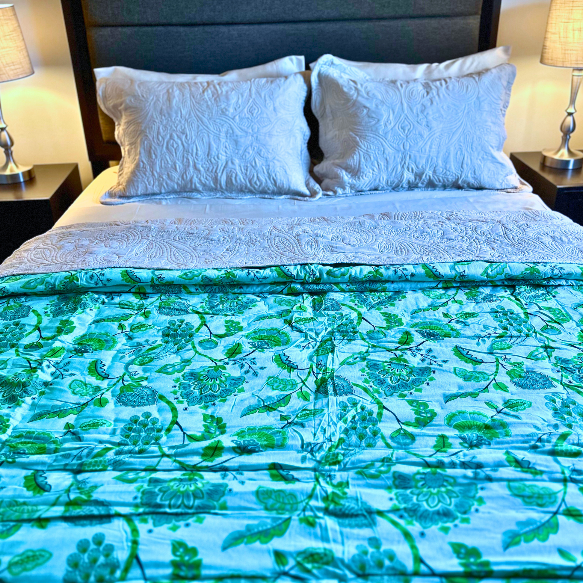 Handcrafted Jaipuri cotton quilt, parrot green with block print.