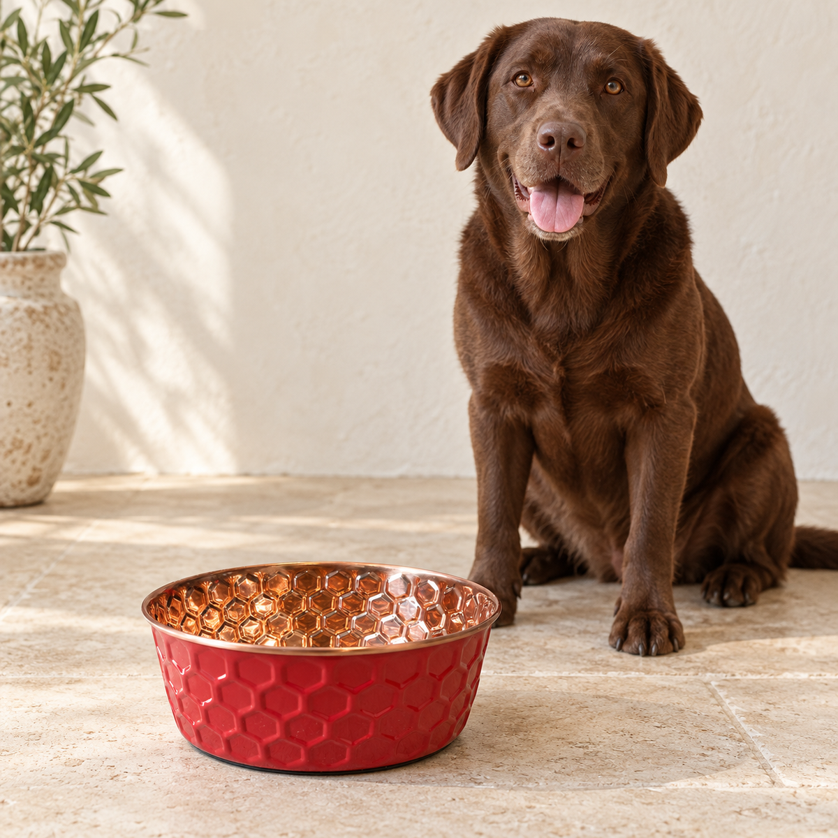 Chocolate Labrador sitting behind the RUBY pink diamond-hammered copper pet bowl on a tile floor