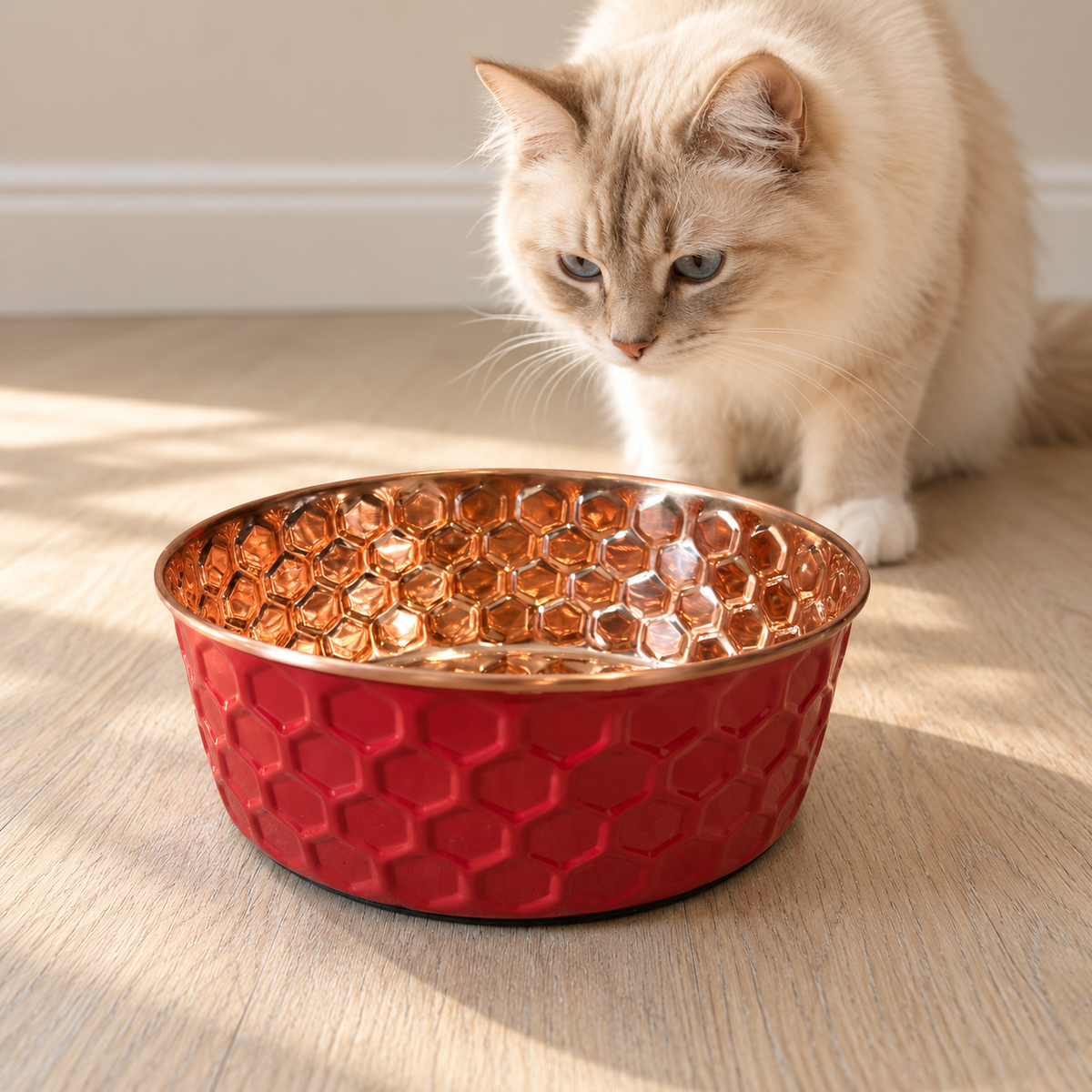 Cream-colored cat looking down at the RUBY pink diamond-hammered copper pet bowl on a sunlit wood floor