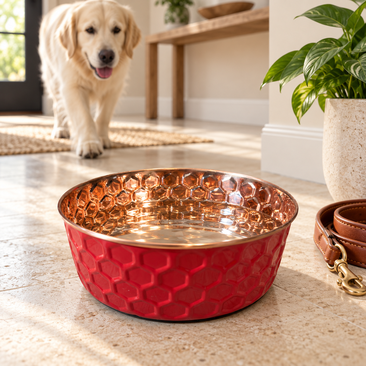 Golden Retriever puppy walking toward the RUBY pink diamond-hammered copper pet bowl in a sunlit entryway