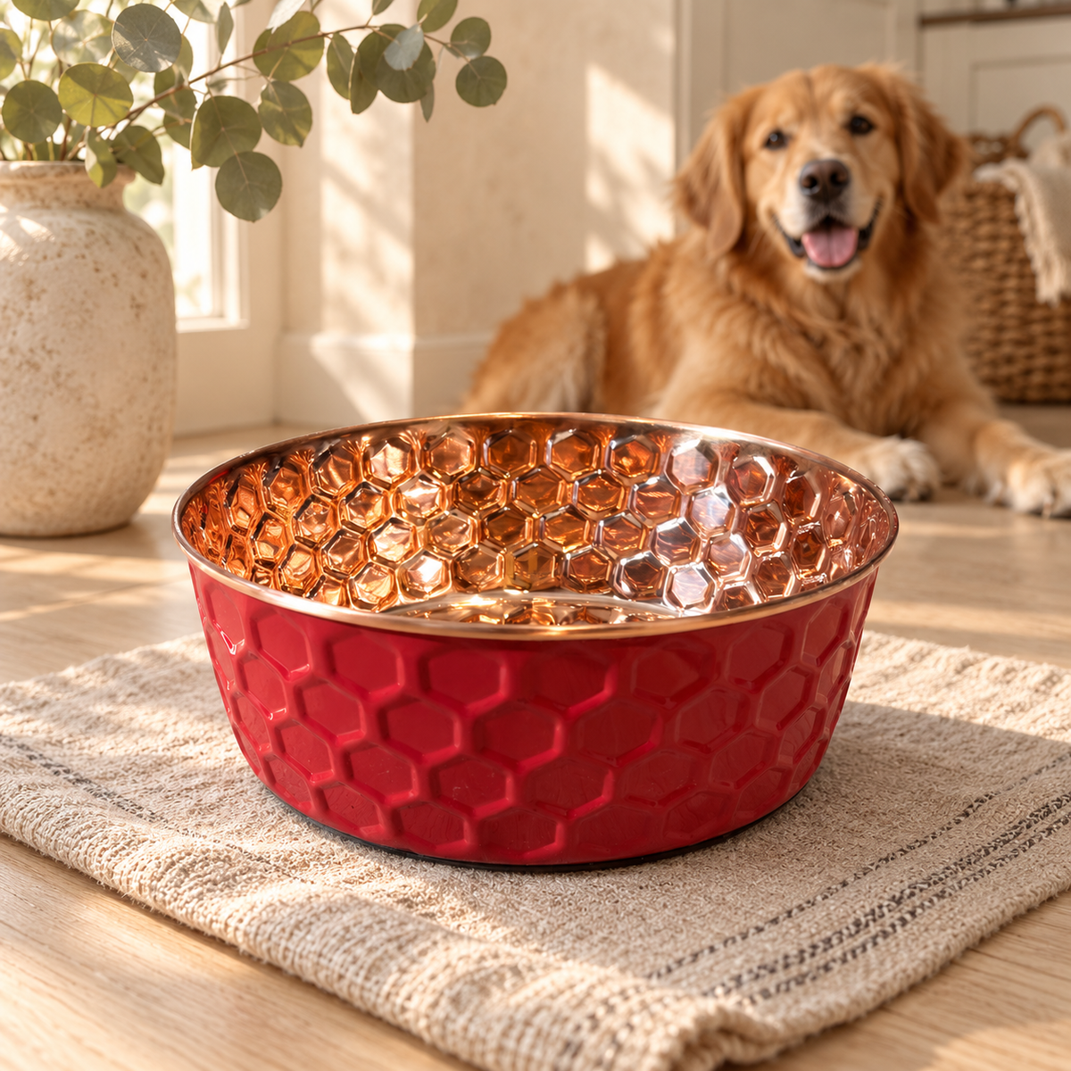 Golden Retriever lying down behind the RUBY pink diamond-hammered copper pet bowl on a woven mat