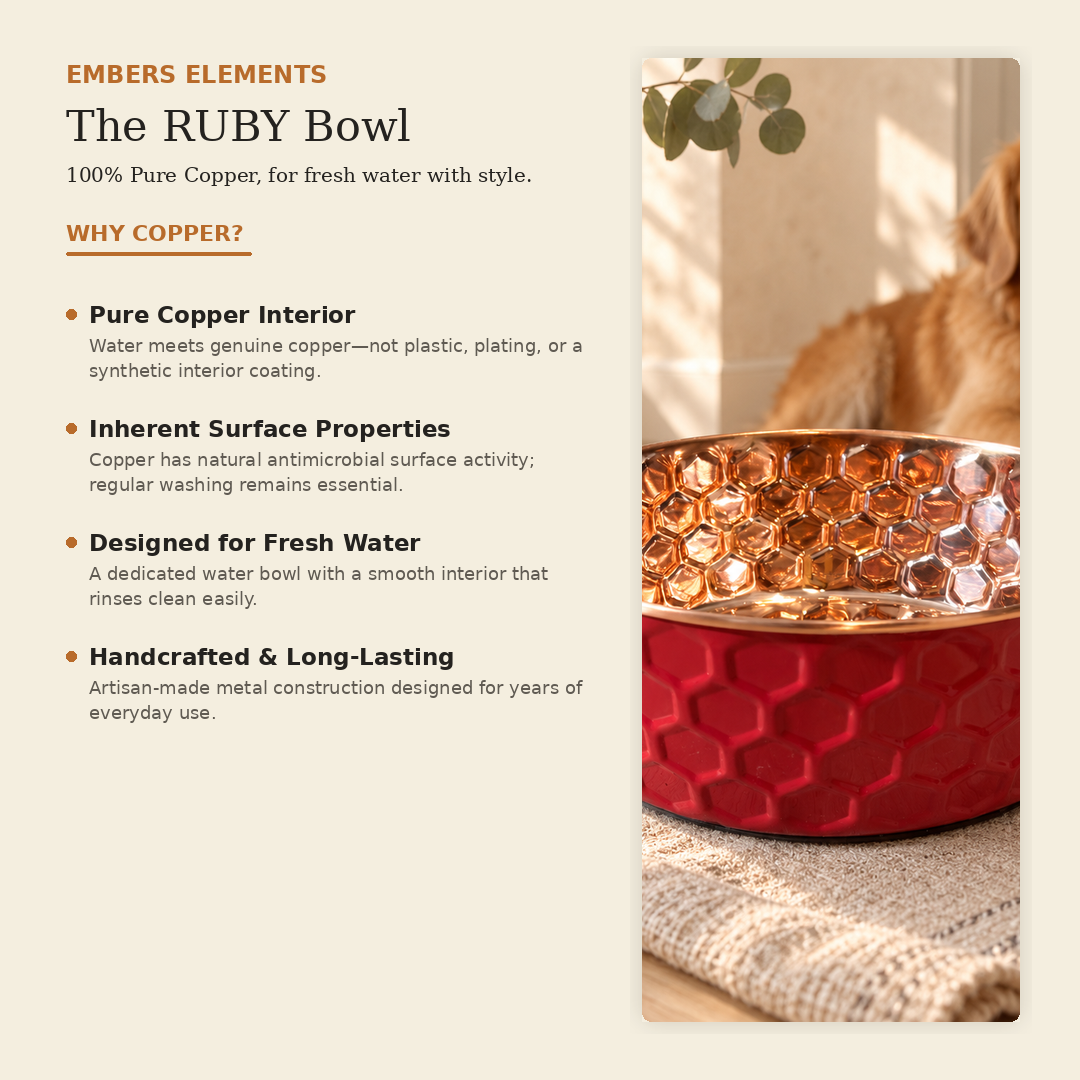 RUBY pink honeycomb-hammered pure copper pet water bowl benefits: naturally antibacterial, BPA-free, supports immune, joint, coat and digestive health