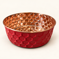 RUBY pink diamond-hammered copper pet bowl with polished copper interior, studio shot on a cream background