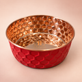 RUBY pink diamond-hammered copper pet bowl with the Embers Elements logo engraved inside, blush studio background