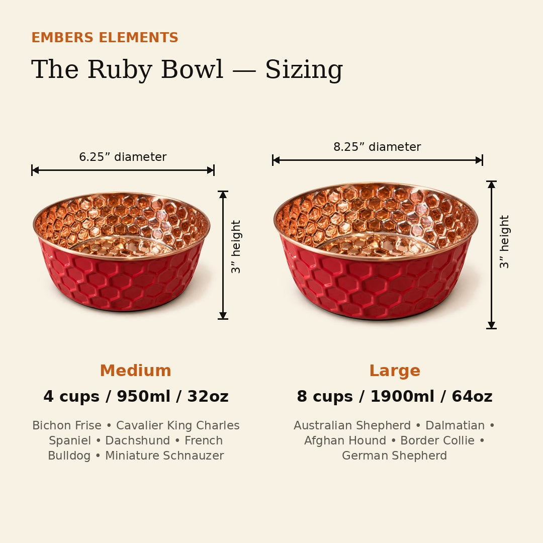 RUBY pink honeycomb-hammered pure copper pet water bowl size guide showing Medium 32 oz and Large 64 oz dimensions