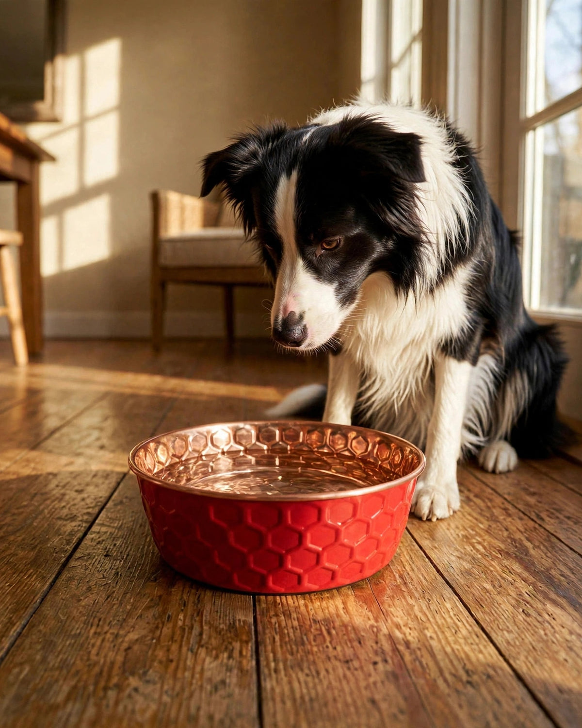 Border Collie drinking water from a RUBY red honeycomb-hammered 99.9% pure copper dog water bowl by Embers Elements