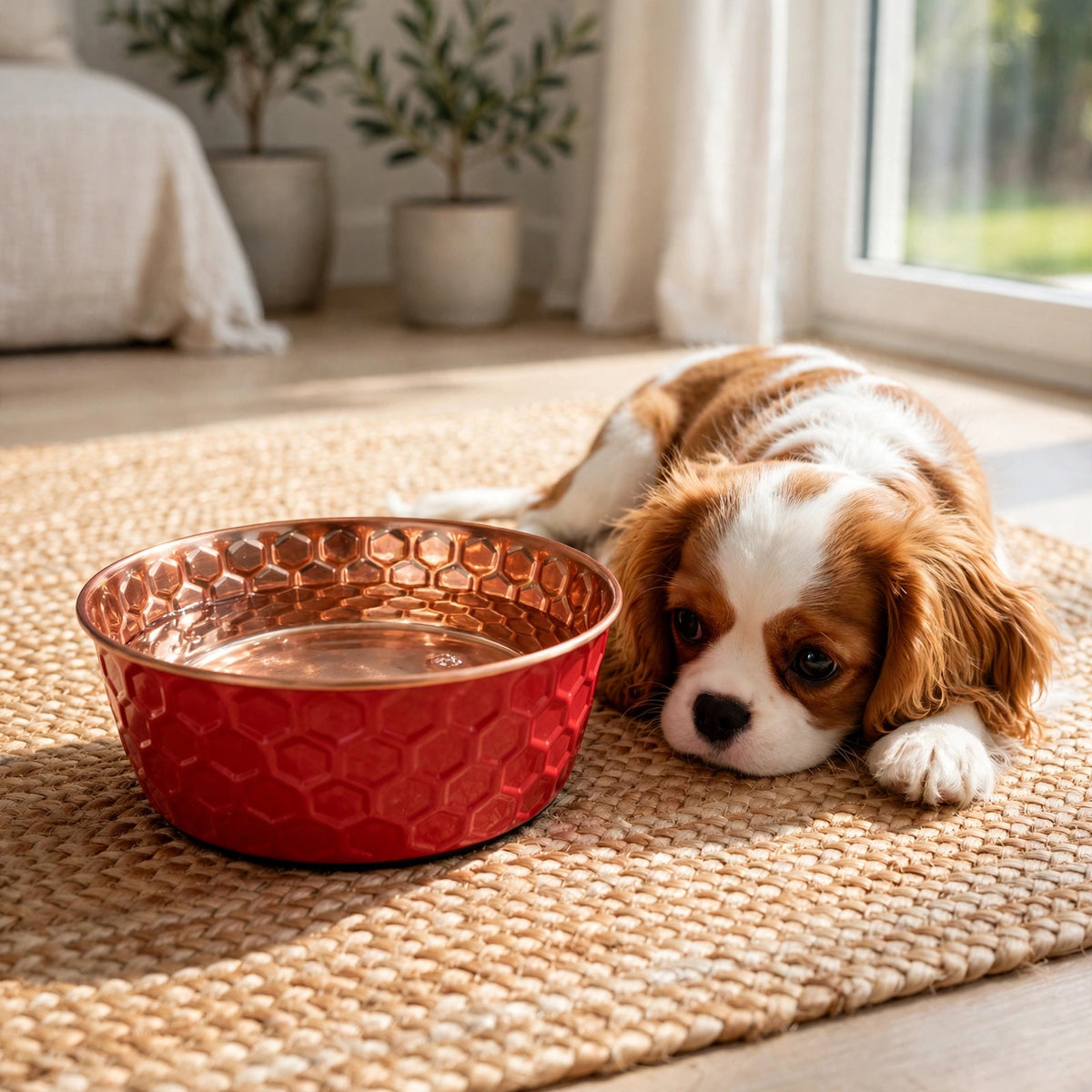 Cavalier King Charles Spaniel puppy lying beside a RUBY red honeycomb-hammered 99.9% pure copper dog water bowl on a woven mat, by Embers Elements