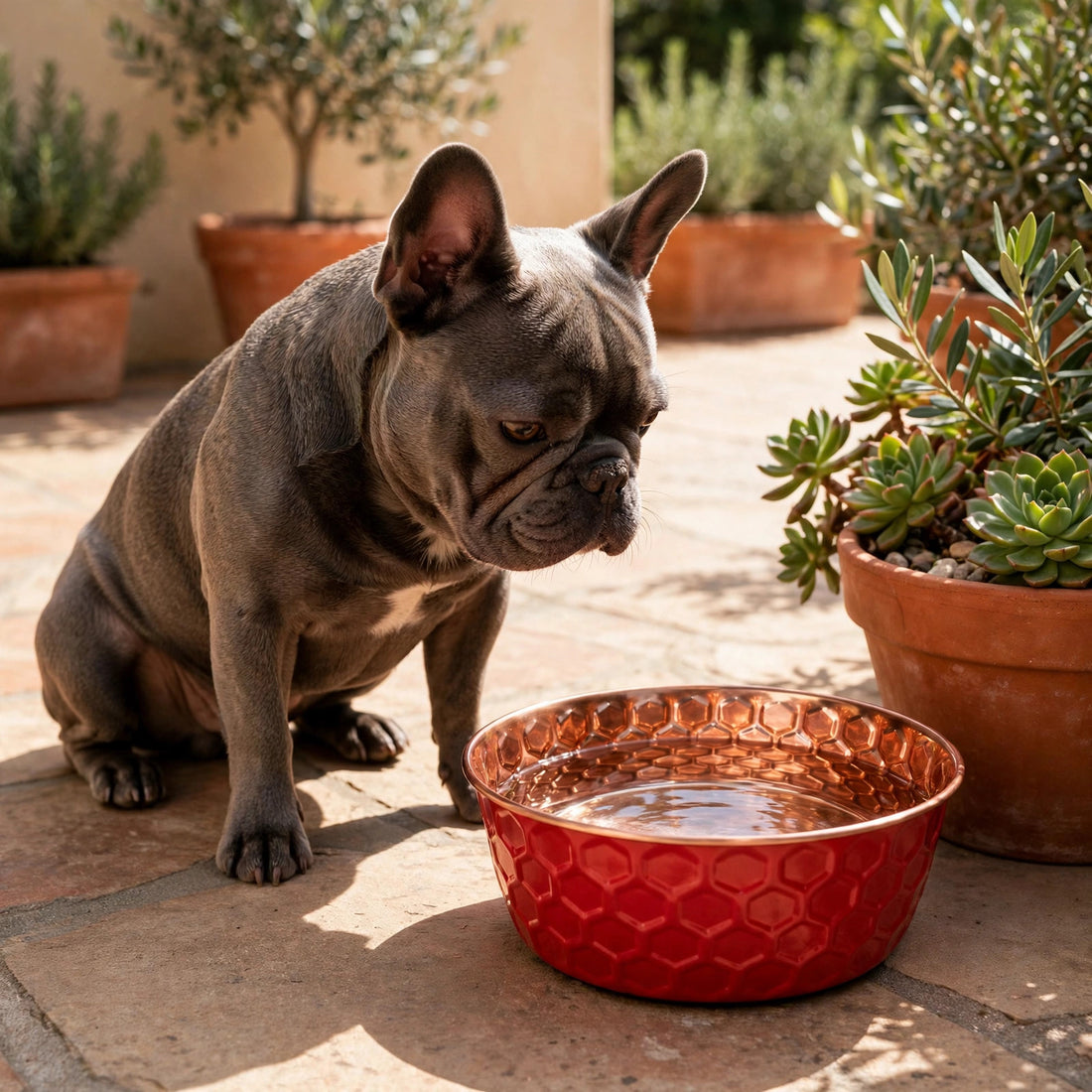 RUBY pink honeycomb-hammered copper pet bowl on a dark marble stand, moody red studio setting with a brass vase