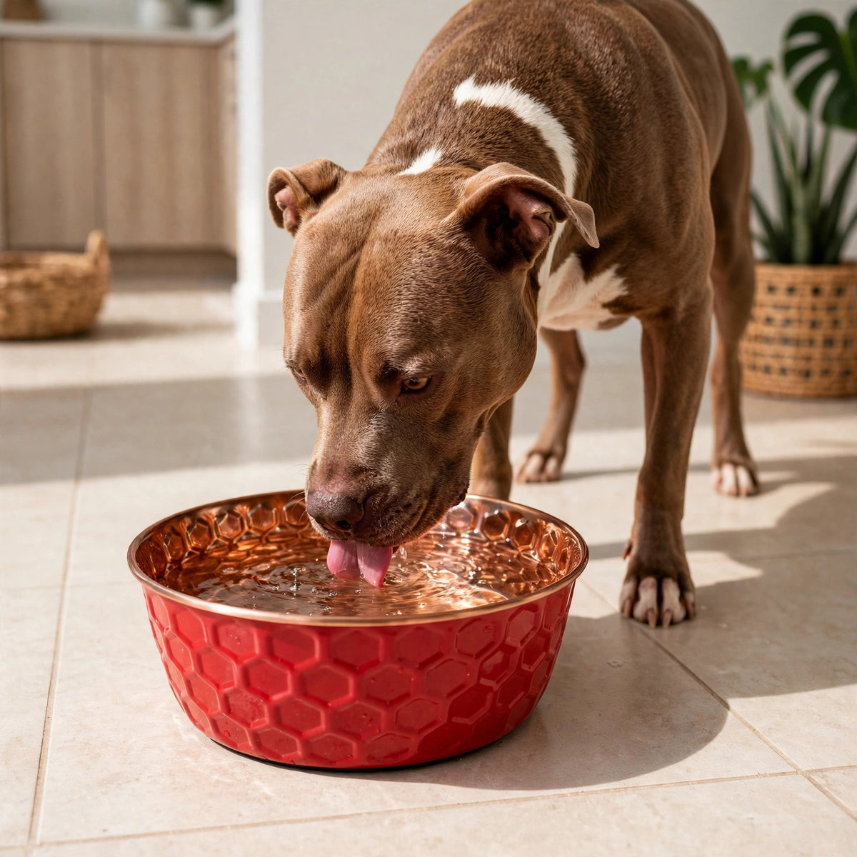 Pit Bull drinking water from a RUBY red honeycomb-hammered 99.9% pure copper dog water bowl on a tile floor, by Embers Elements