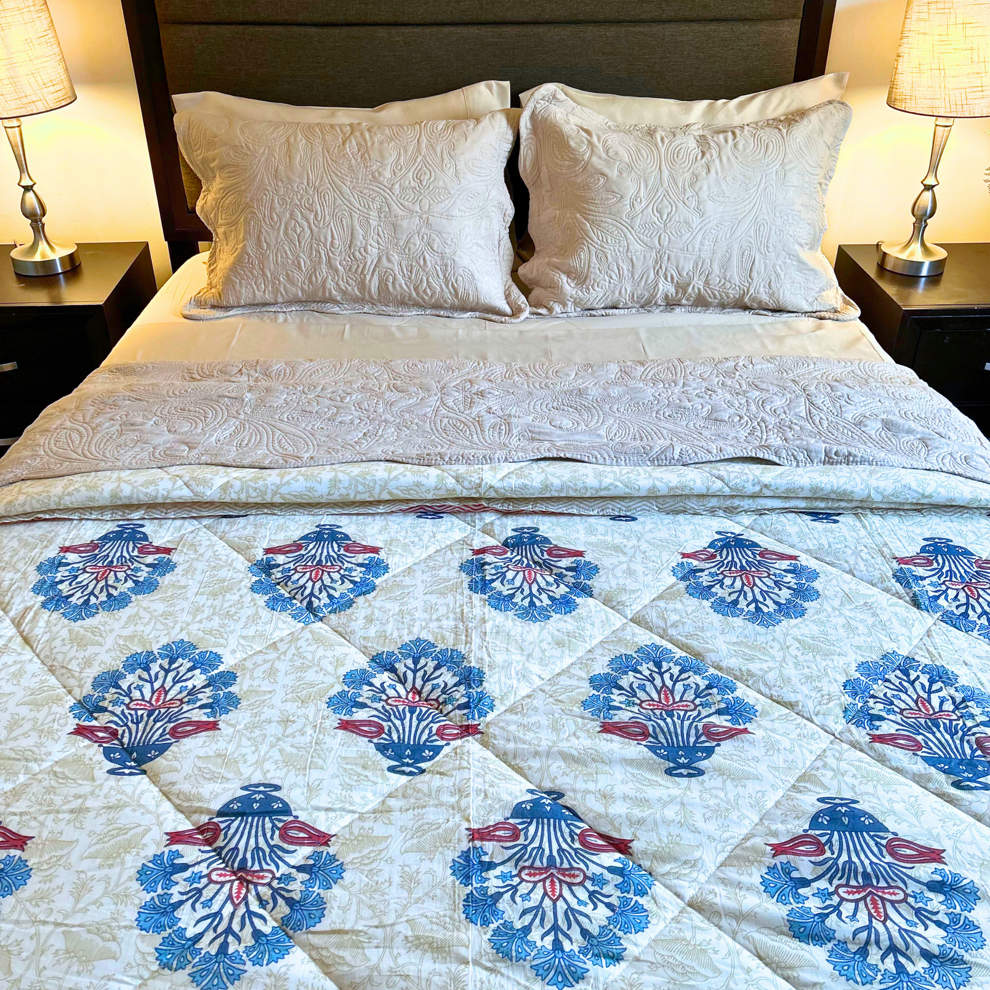 Decorative Jaipuri reversible quilt with handcrafted details.